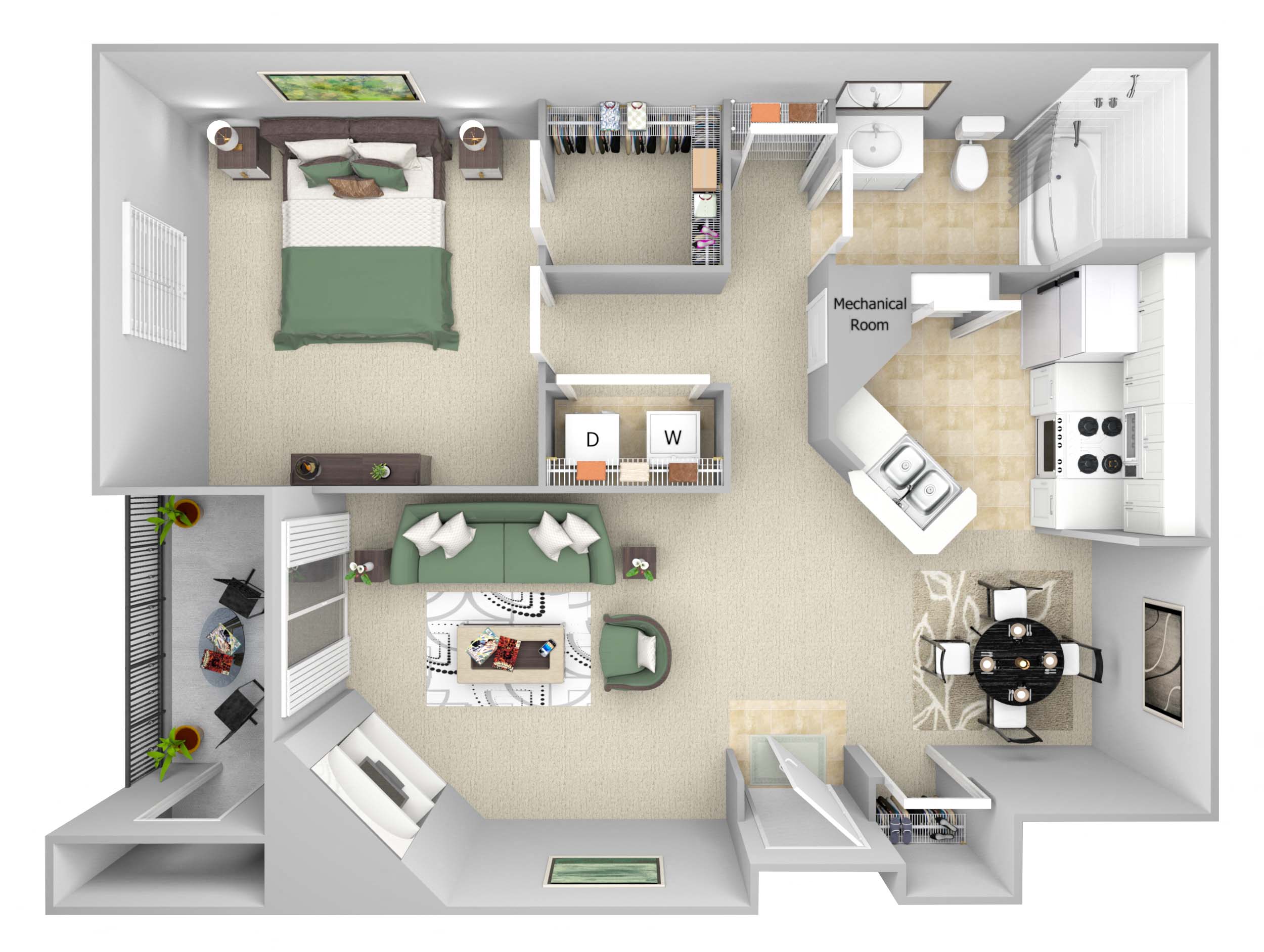 Floor plan for 1 bed, 1 bath, 777 sqft